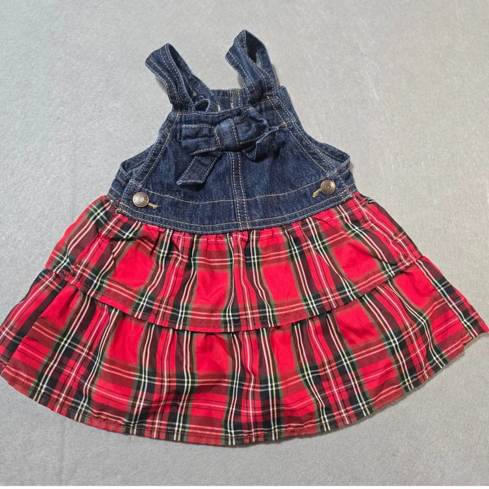 OshKosh Bgosh Baby Girls 9M Denim Plaid Jumper Dress Red Tartan Bow Tiered